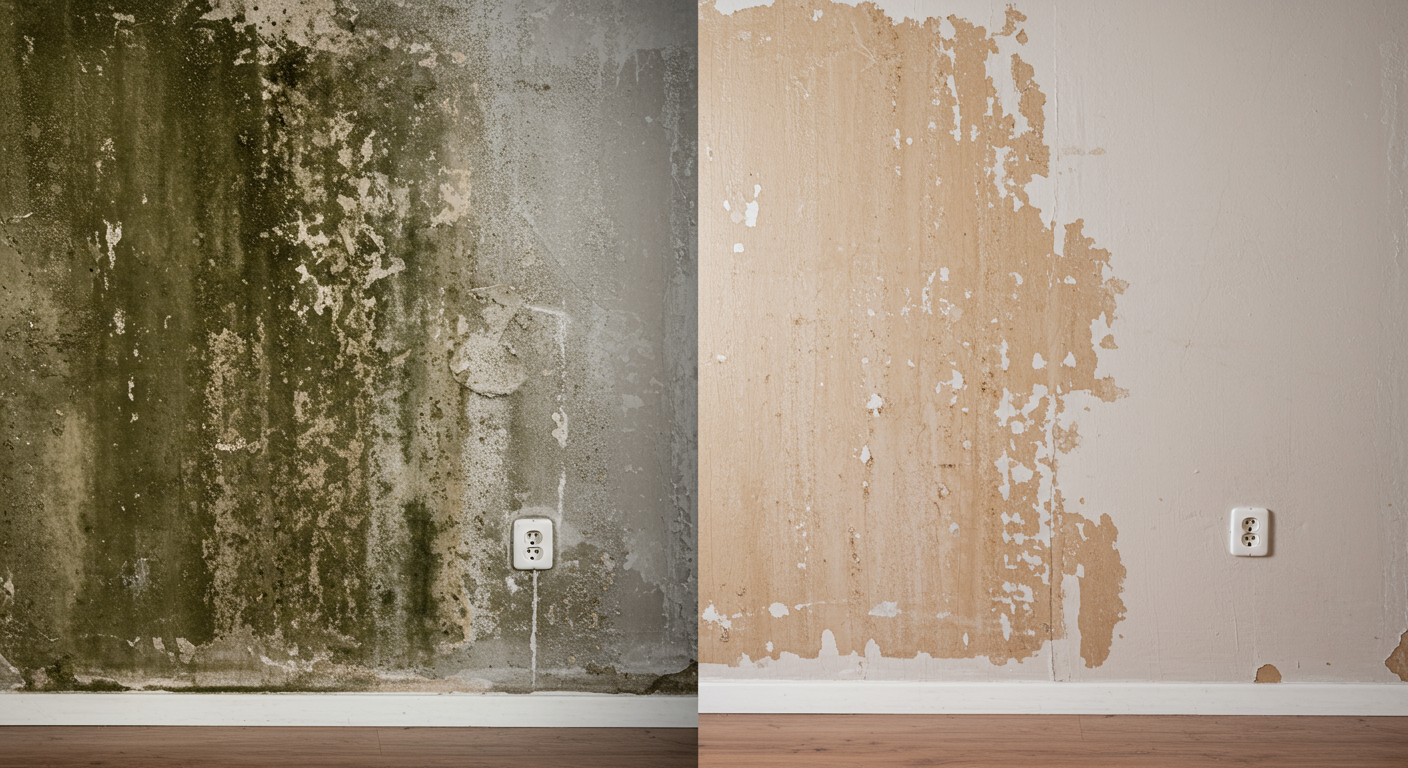 A split-screen image showing a mold-infested wall on the left side and the same wall cleaned and restored on the right side. The transformation emphasizes the effectiveness of professional mold remediation services.