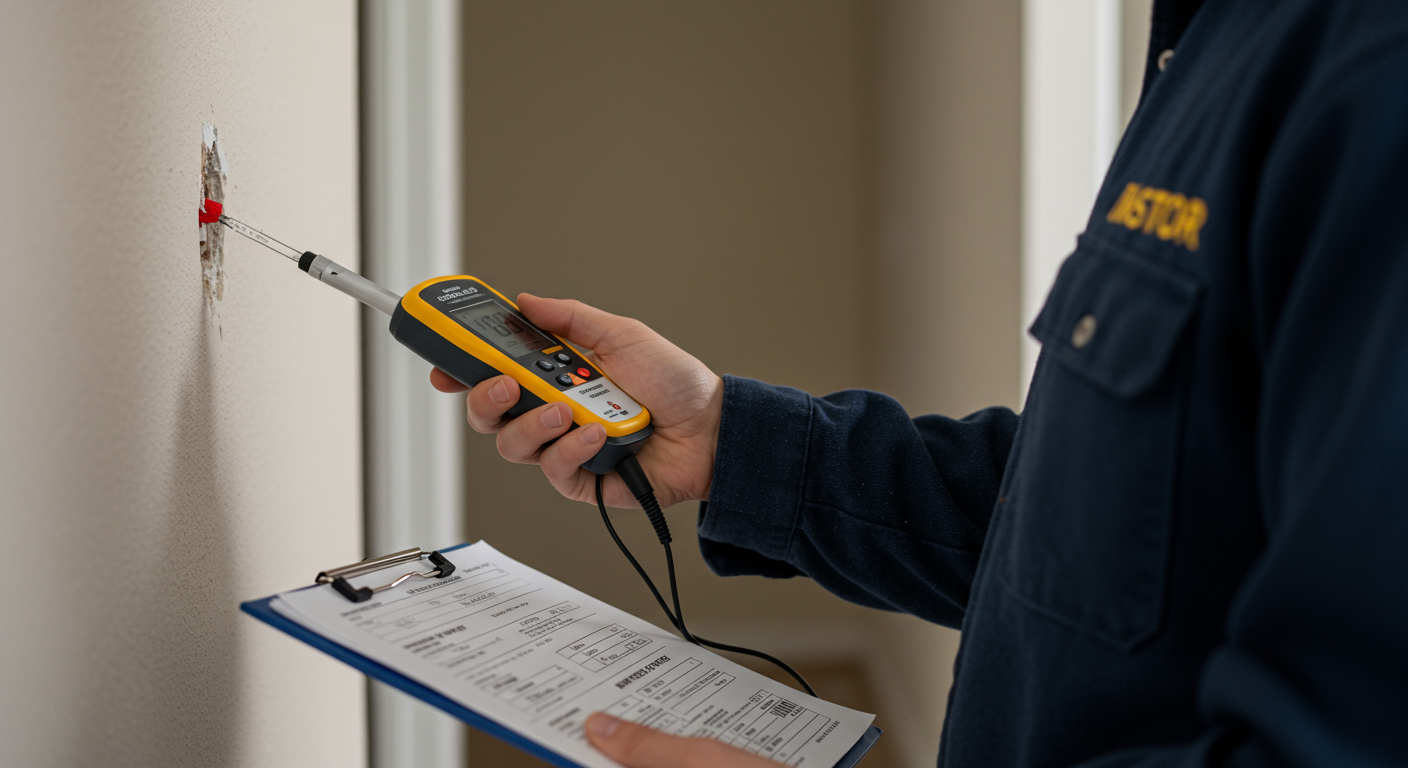 A certified mold inspector using a moisture meter to test a wall for mold in a residential property. A clipboard with inspection notes is visible in their other hand.