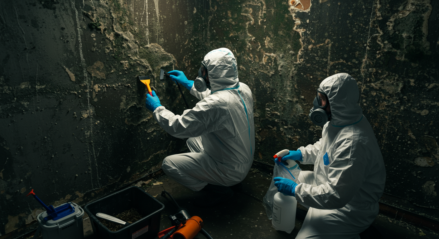 A team of two or three mold remediation professionals in protective gear working together to remove mold from a basement wall.