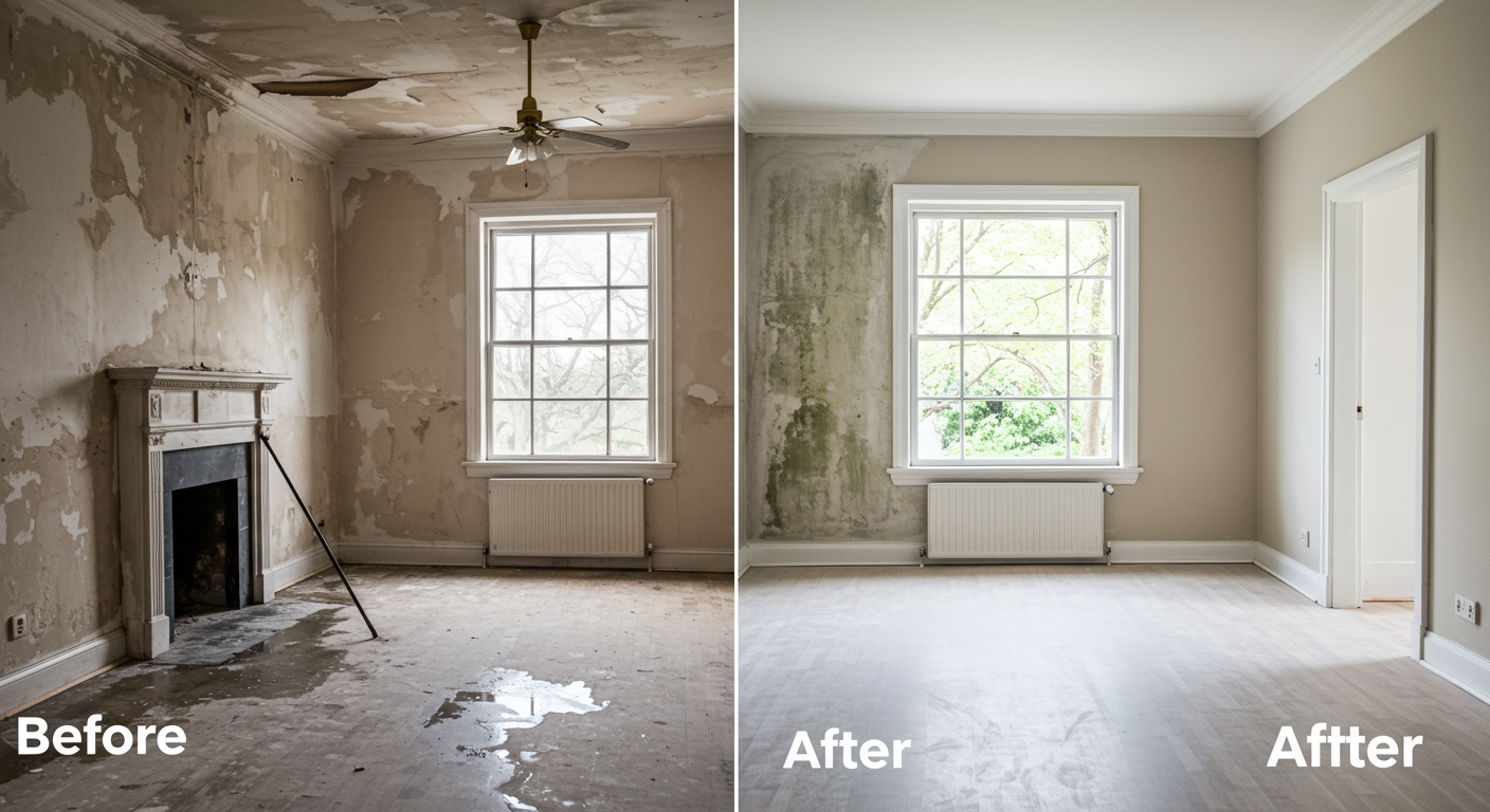 A split image showing a room before and after restoration, highlighting the transformation from water damage and mold to a clean, restored space.