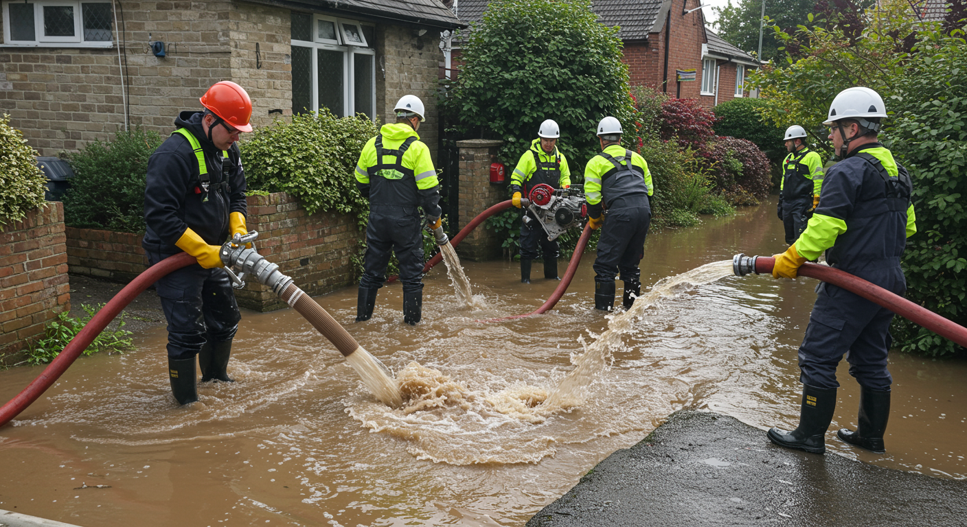 A dynamic scene showing a team of professionals in protective gear actively extracting water from a flooded residential area. The team is using high-powered pumps and hoses, showcasing urgency and expertise.