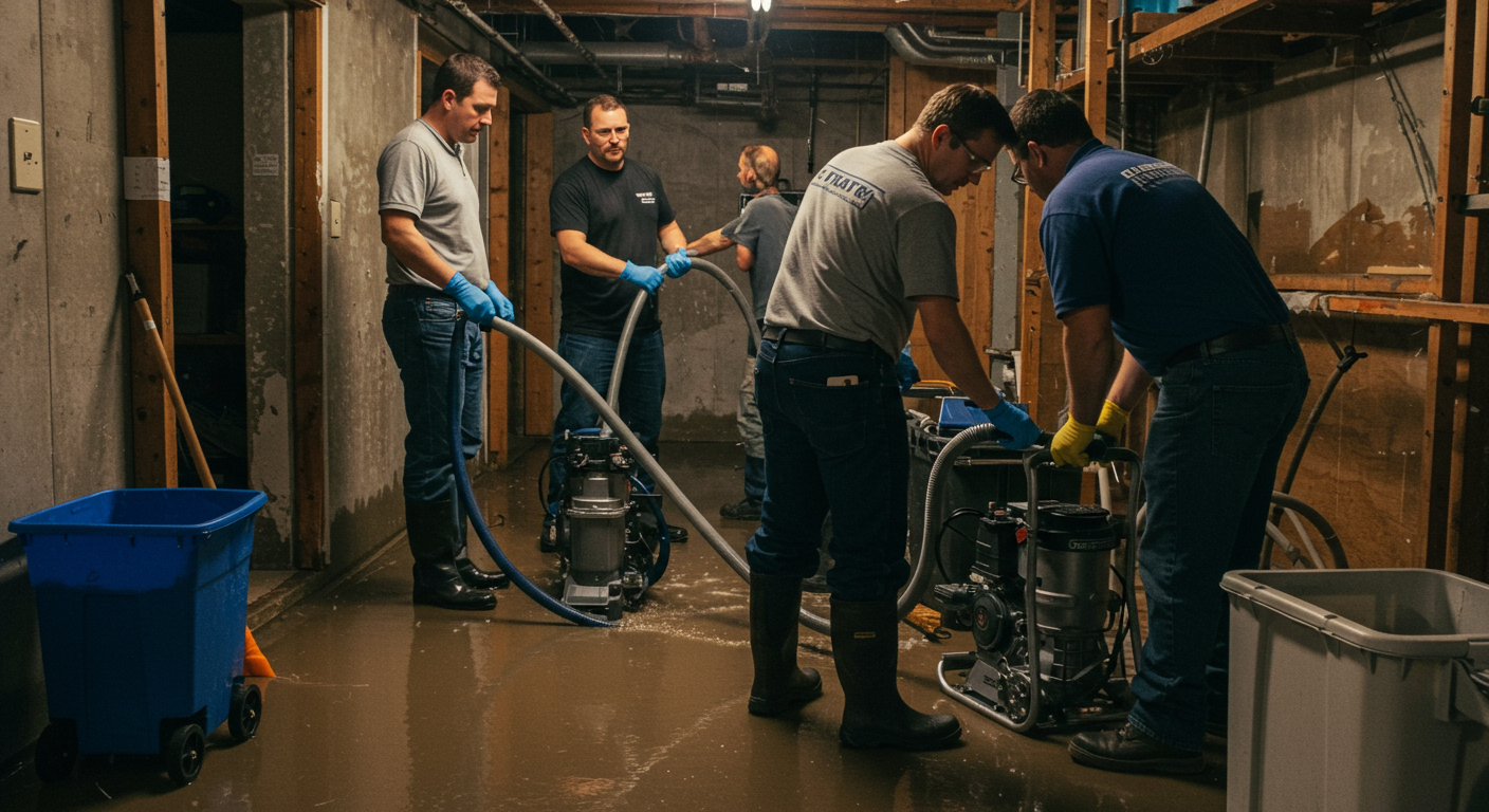 A team of restoration professionals working together to remove water from a flooded basement, using pumps and wet vacs. The atmosphere is busy but organized, showcasing teamwork.