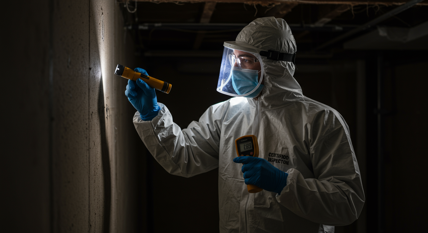 A certified mold inspector wearing protective gear, examining a wall with a flashlight and moisture meter. The setting is a dimly lit basement, emphasizing the seriousness of the inspection process.
