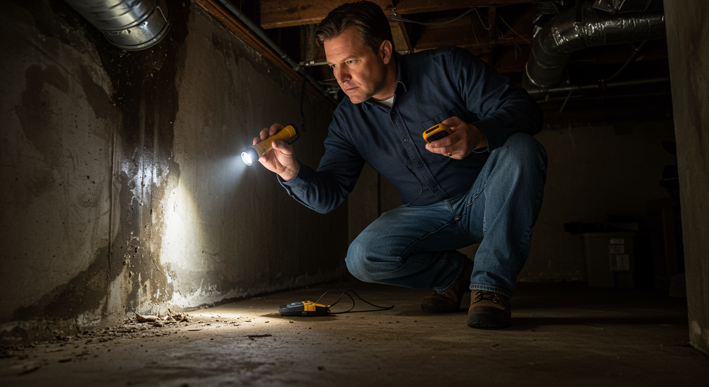 A professional mold inspector examining a residential property with a flashlight and moisture meter, showcasing the thorough inspection process.