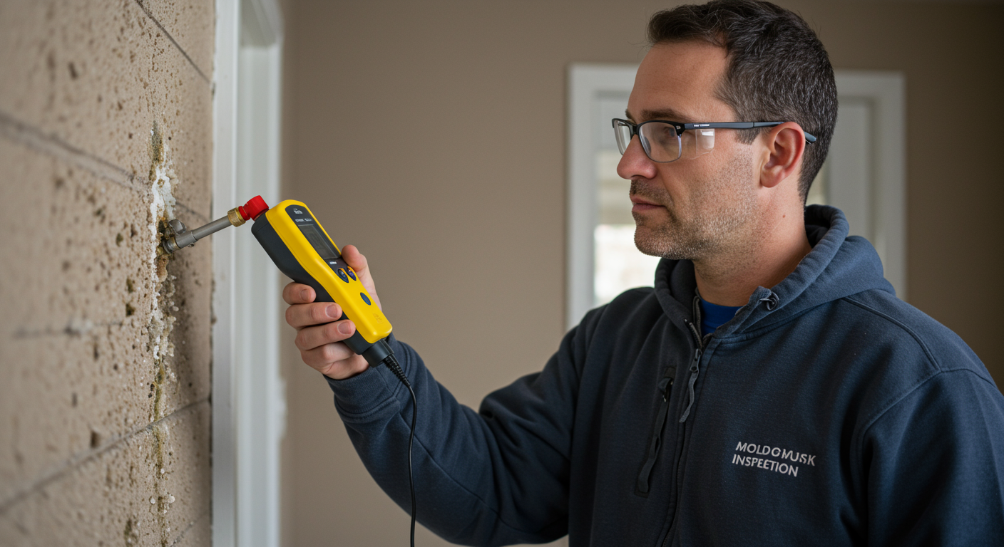 A professional mold inspector examining a wall with a moisture meter, showcasing the process of identifying mold growth in a residential setting.