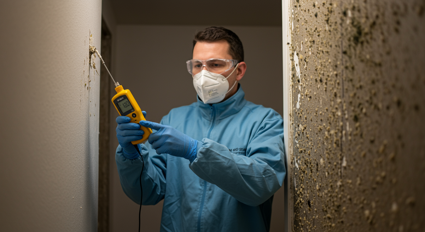 A professional mold inspector examining a wall with a moisture meter, showcasing visible mold patches. The inspector is wearing protective gear, emphasizing safety and thoroughness.