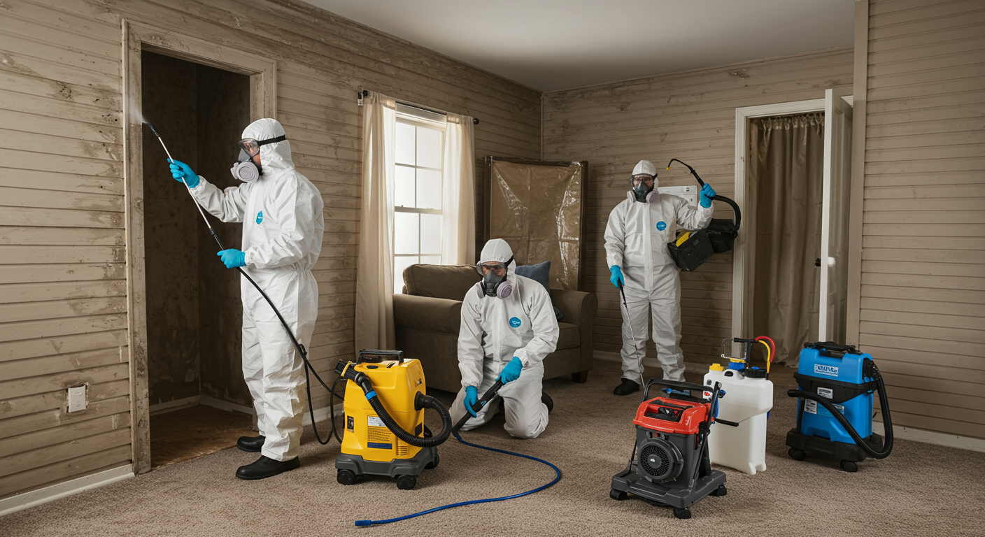 A professional mold remediation team in protective gear working in a home, demonstrating the remediation process in action.