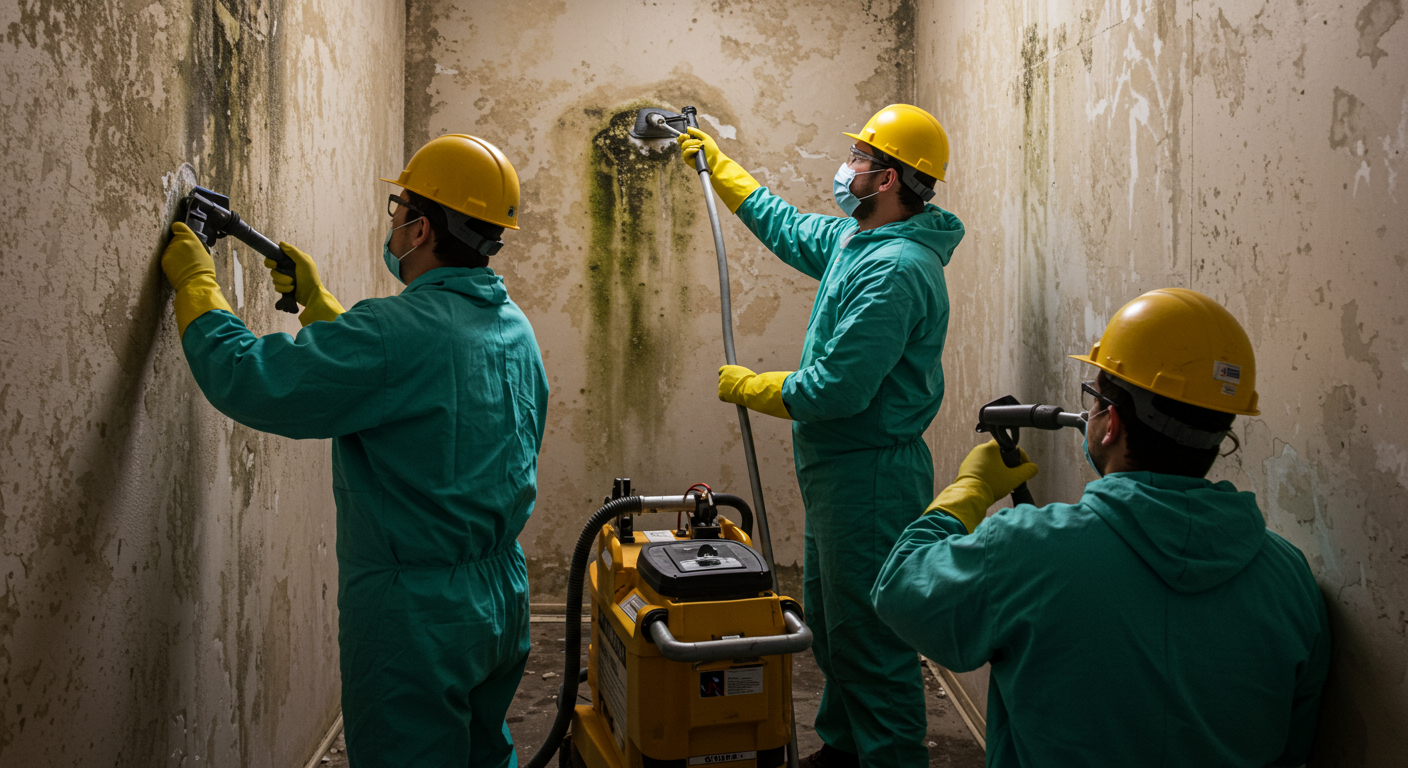 A mold remediation team working together to remove mold from a wall, with equipment and safety gear visible. This image highlights teamwork and professionalism in the remediation process.
