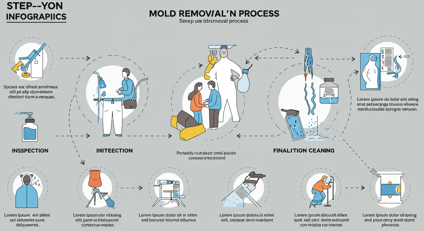 A step-by-step infographic style image showing the mold removal process, from inspection to remediation and final cleaning.