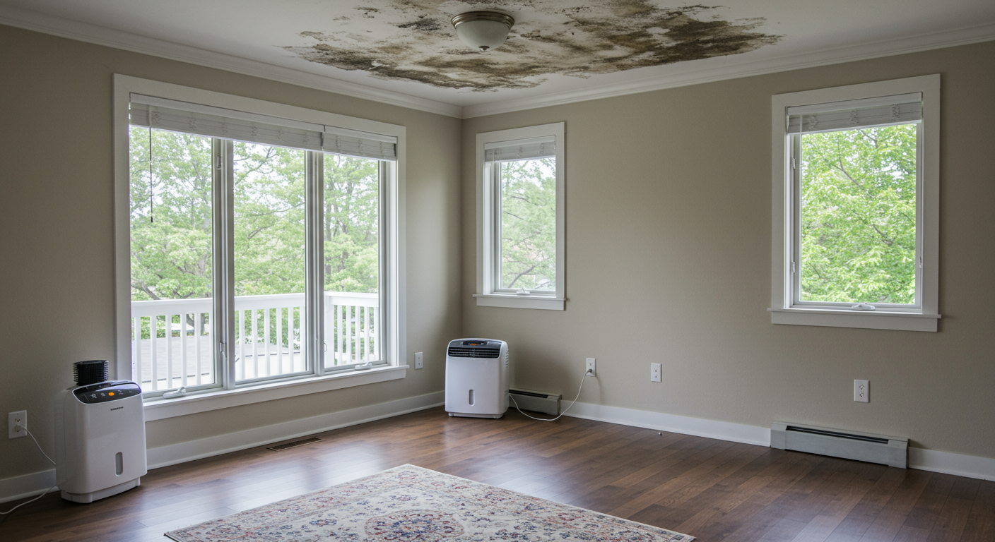 An indoor scene showing a well-ventilated room with open windows and a dehumidifier in the corner. The ceiling is clean and mold-free, illustrating effective prevention strategies for homeowners.