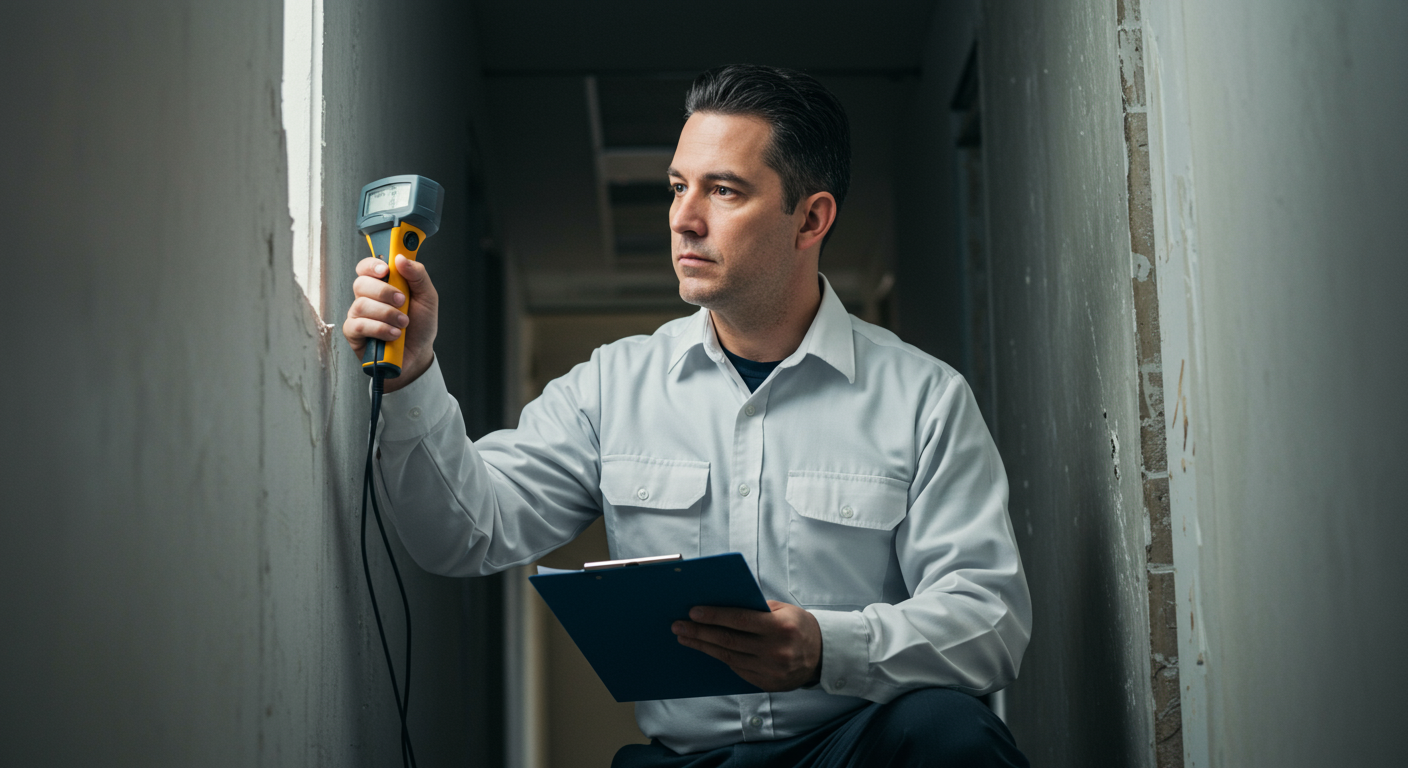 A water restoration technician inspecting a commercial property for water damage, taking notes and using a moisture meter.