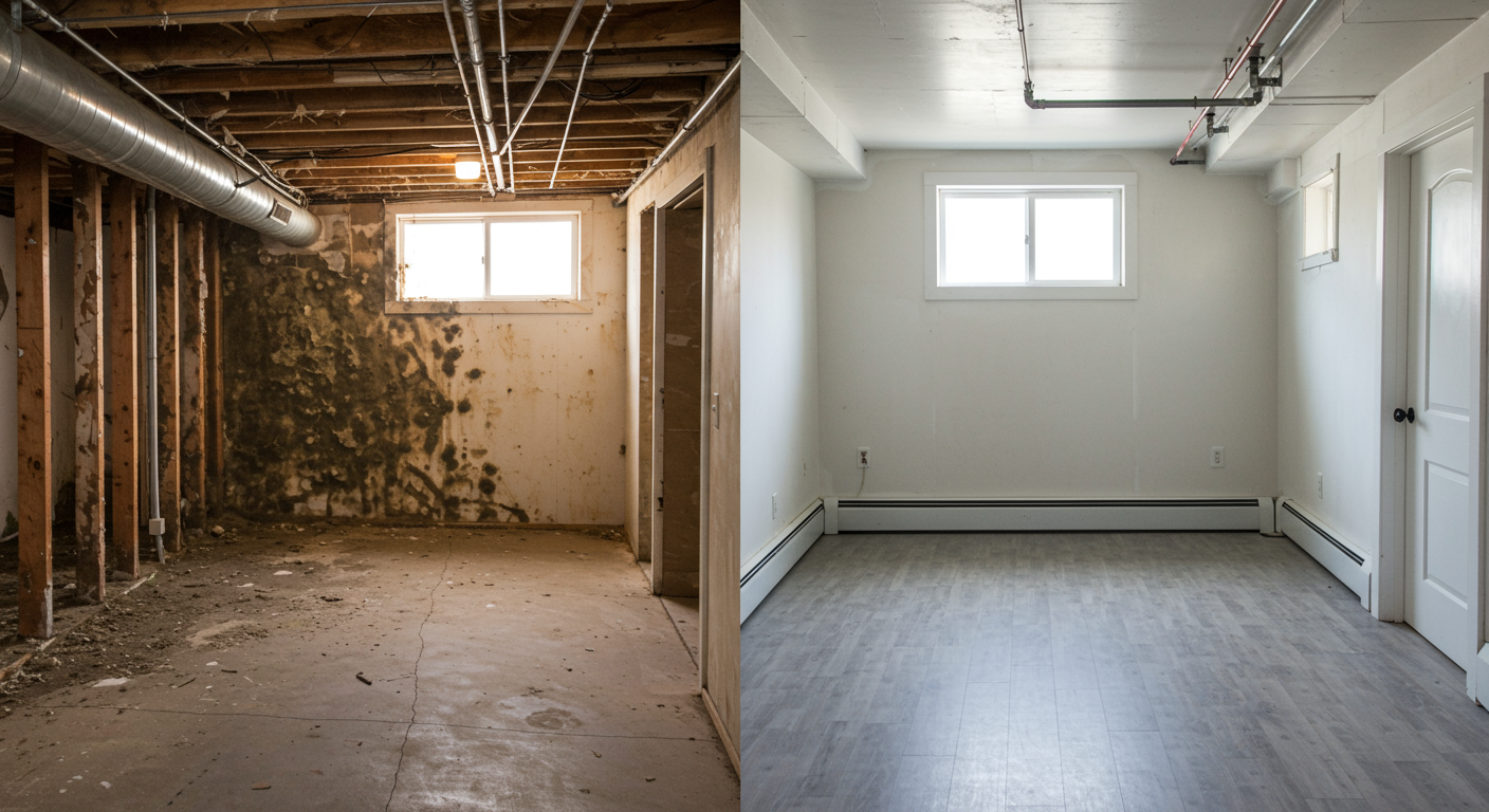 A split-screen image showing a mold-infested basement before remediation on the left and the same space fully cleaned and restored on the right. The 'after' side is bright, clean, and mold-free, emphasizing the transformation.
