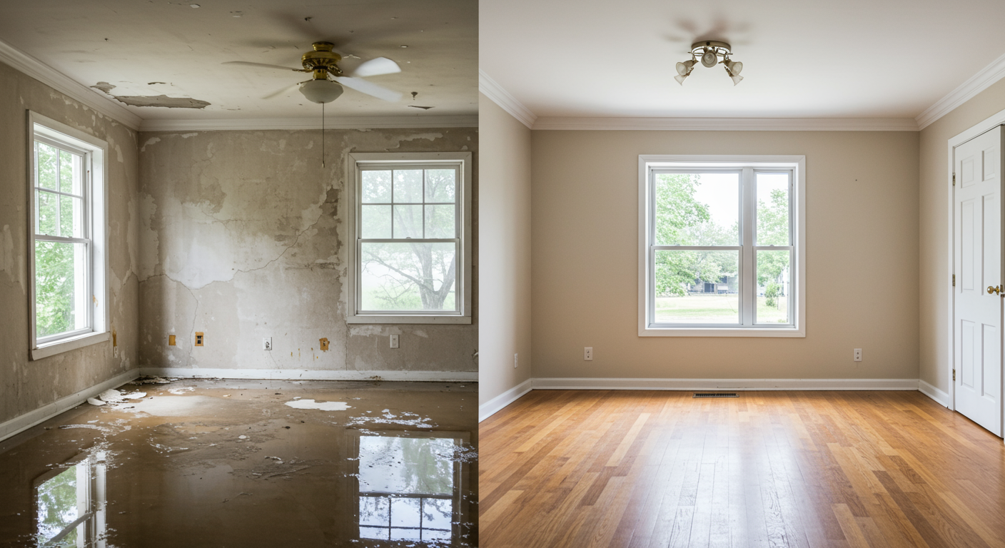 A split image showing a room before water damage (flooded and damaged) and after restoration (clean, dry, and fully restored), highlighting the transformation.