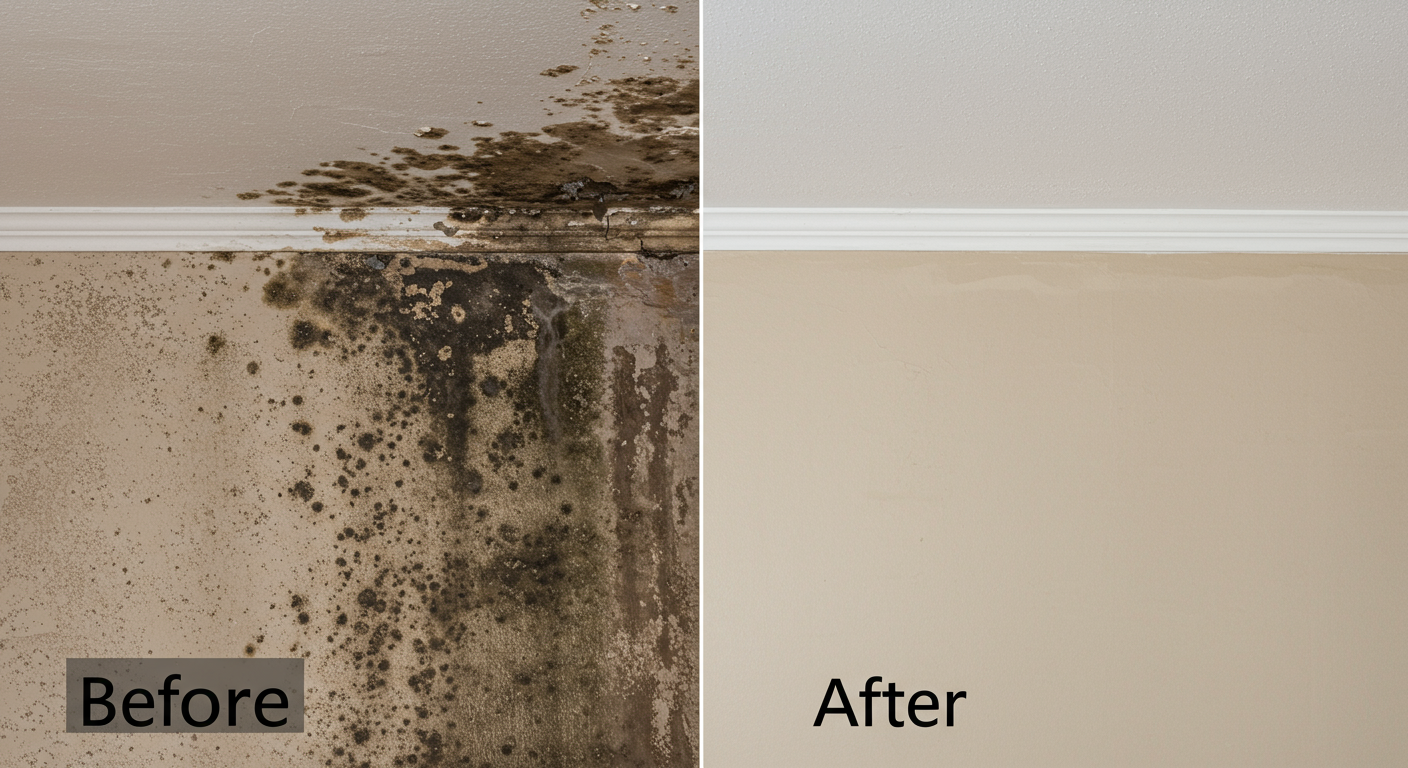 A split image showcasing a wall or ceiling section before and after mold remediation. The 'before' side shows dark mold spots, while the 'after' side is clean and freshly restored.