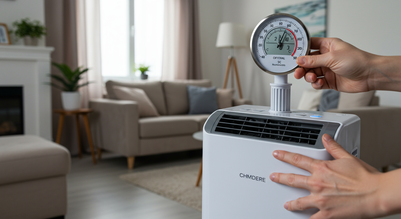 A homeowner adjusting a dehumidifier in a living room, with a hygrometer showing optimal humidity levels. The room is clean and organized, symbolizing a mold-free environment.