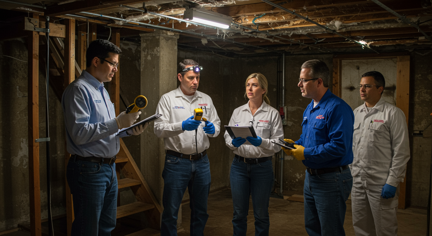 A professional team of mold remediation experts inspecting a damp basement in an Atlanta home.