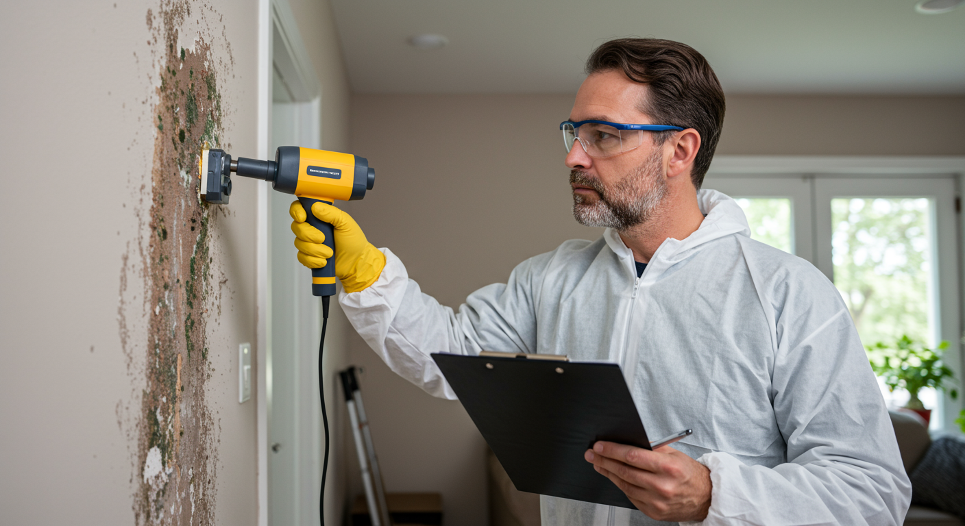A certified mold inspector using advanced equipment to detect mold in a home, with a clipboard in hand.