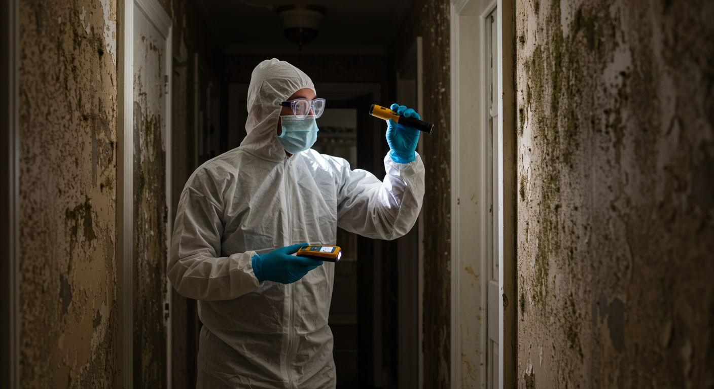 A certified mold specialist in protective gear inspecting a mold-affected wall in a Savannah-style home.