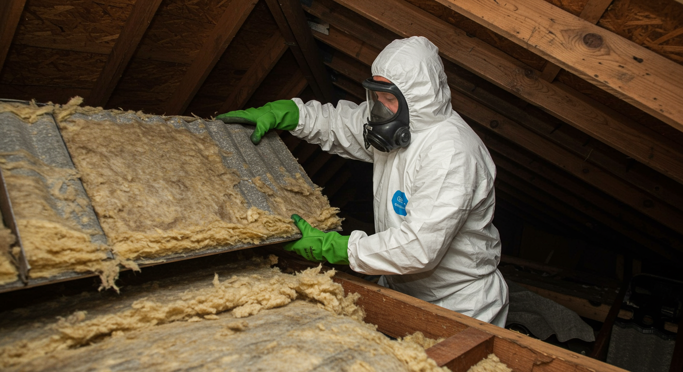 A professional asbestos abatement technician in protective gear carefully removing asbestos insulation from a residential attic. The focus is on the technician's meticulous actions, highlighting safety and expertise.