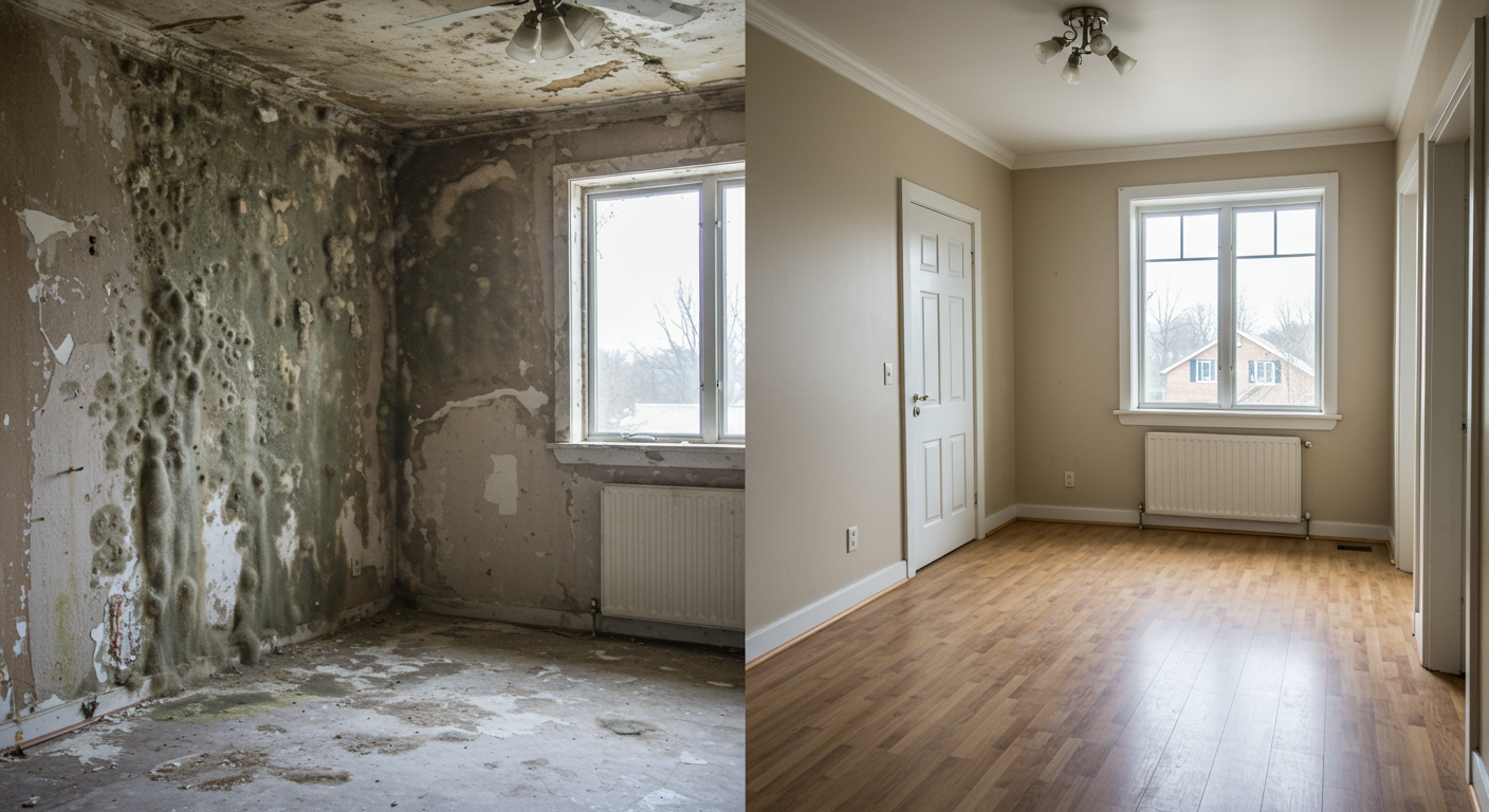 A split image showing a mold-infested room on one side and the same room after successful remediation on the other.