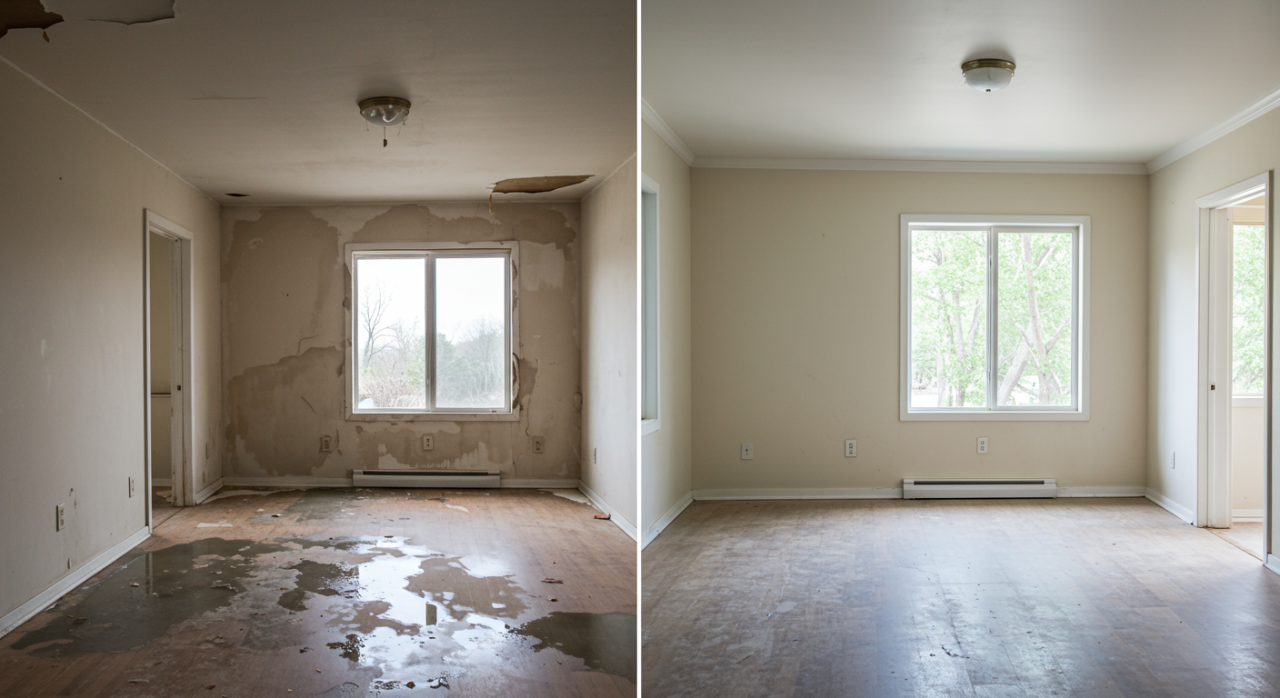 A split image showing a room before water damage restoration and the same room after the restoration is complete, highlighting the transformation.