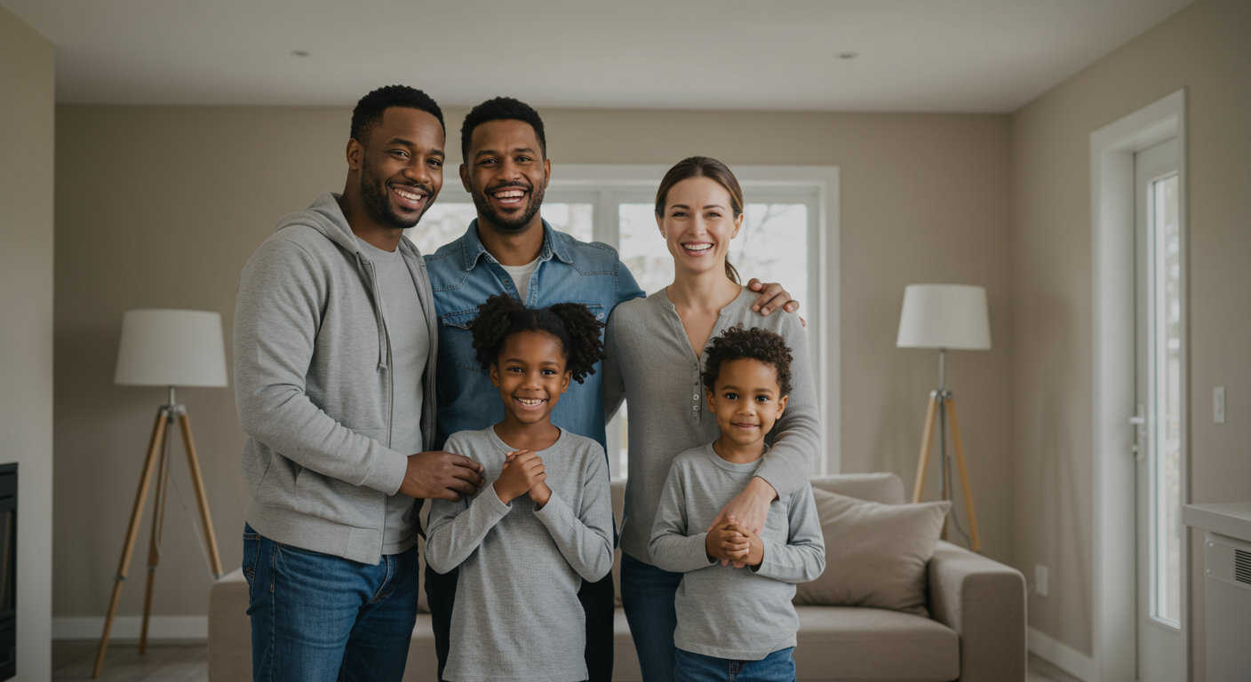 A relieved family standing in their restored living room, smiling and expressing gratitude towards the restoration team, emphasizing the emotional aspect of recovery.