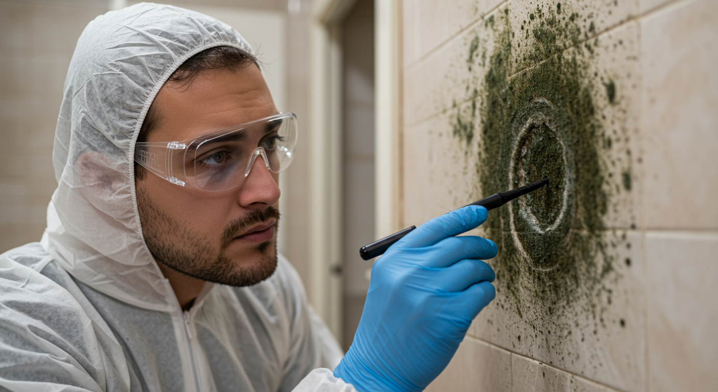 A professional mold remediation technician inspecting a home for mold, with visible mold patches on the walls.