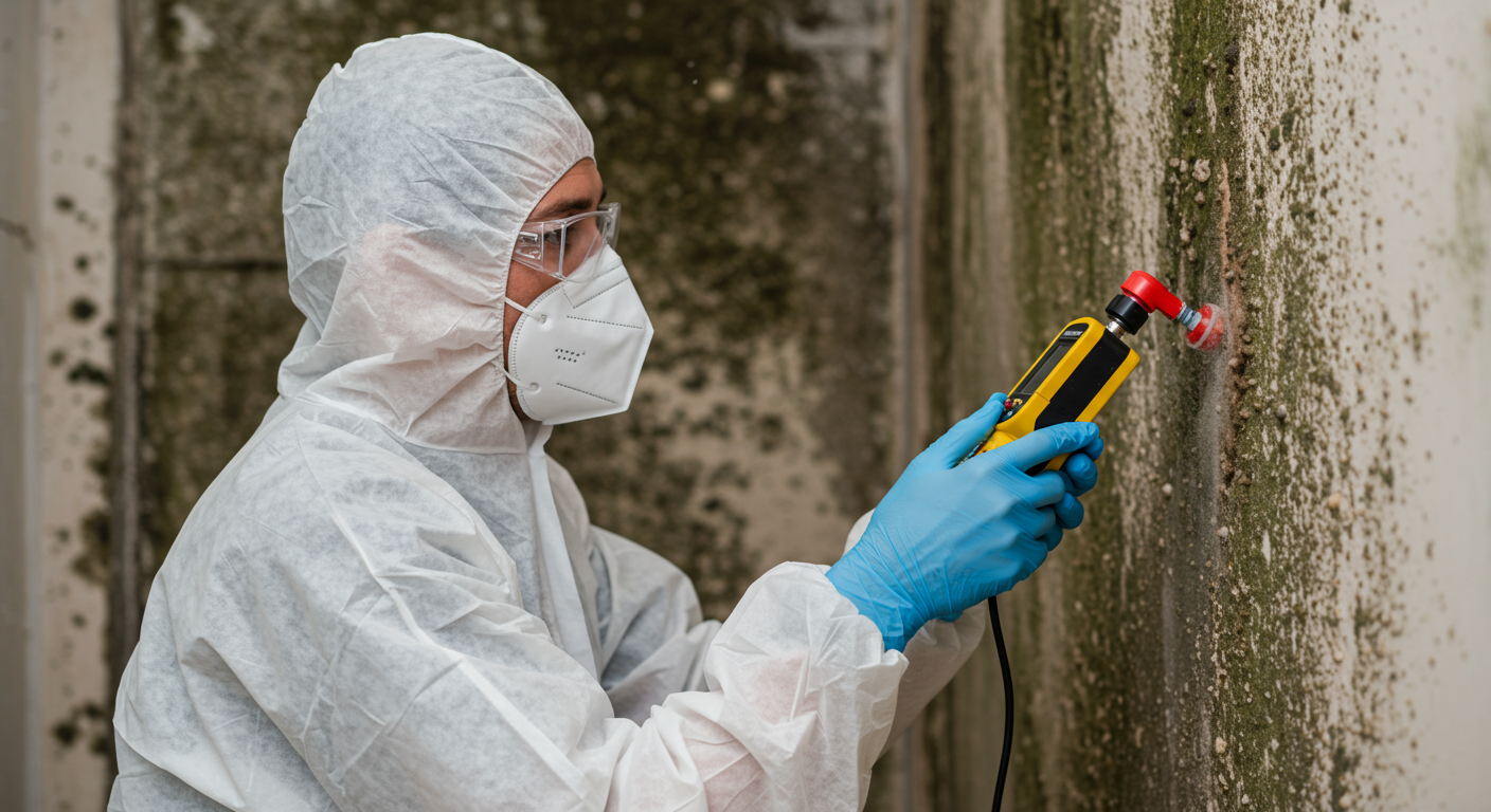 A professional mold inspector in protective gear examining a wall with visible mold growth. The inspector is using a moisture meter to assess the area.