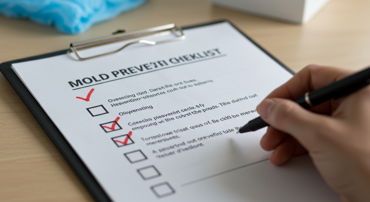 A close-up of a mold prevention checklist on a clipboard, with a hand marking off completed tasks. The background shows a clean home environment, symbolizing proactive measures.