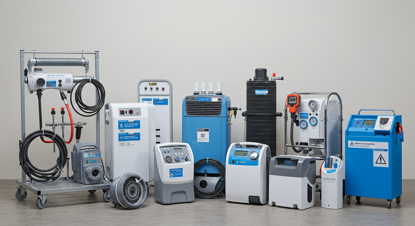 A visually appealing arrangement of advanced water damage restoration equipment, such as dehumidifiers, air movers, and moisture meters, set against a clean backdrop.