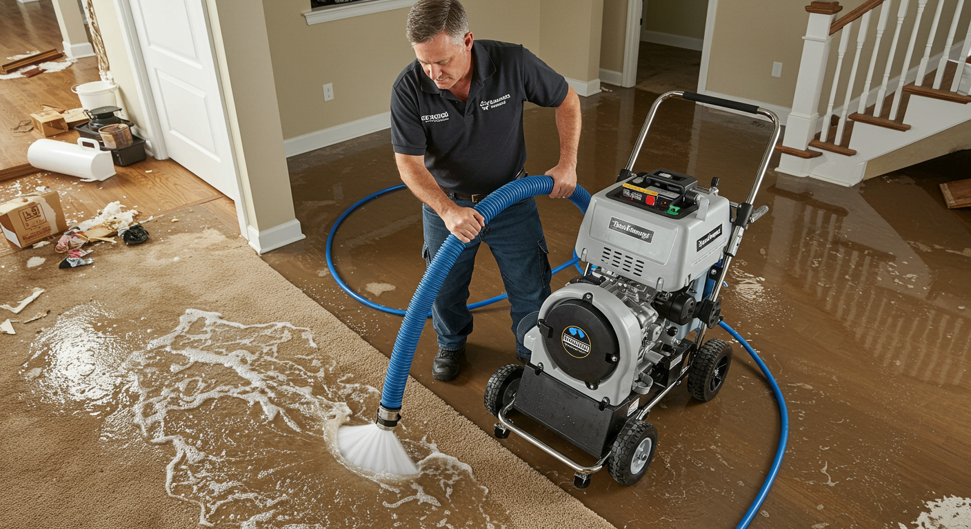 A professional using a water extraction machine in a flooded area, showcasing the restoration process in action.