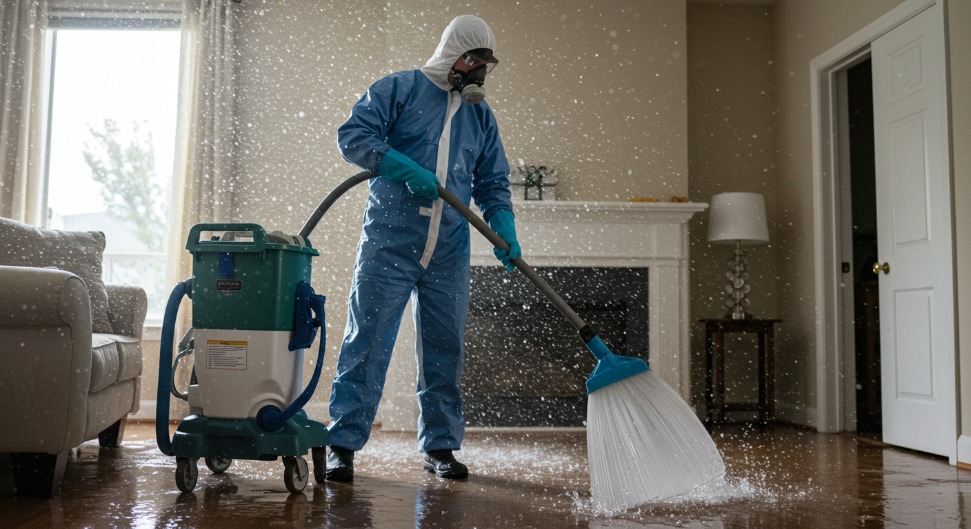 A professional technician in protective gear actively working to remove water from a flooded living room. The scene captures the urgency and professionalism of water damage restoration.