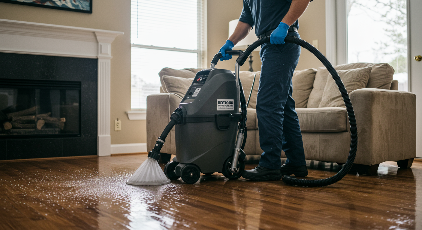 A professional water damage restoration technician in action, using a powerful water extraction machine in a flooded living room. The technician is focused and determined, showcasing the urgency of the situation.