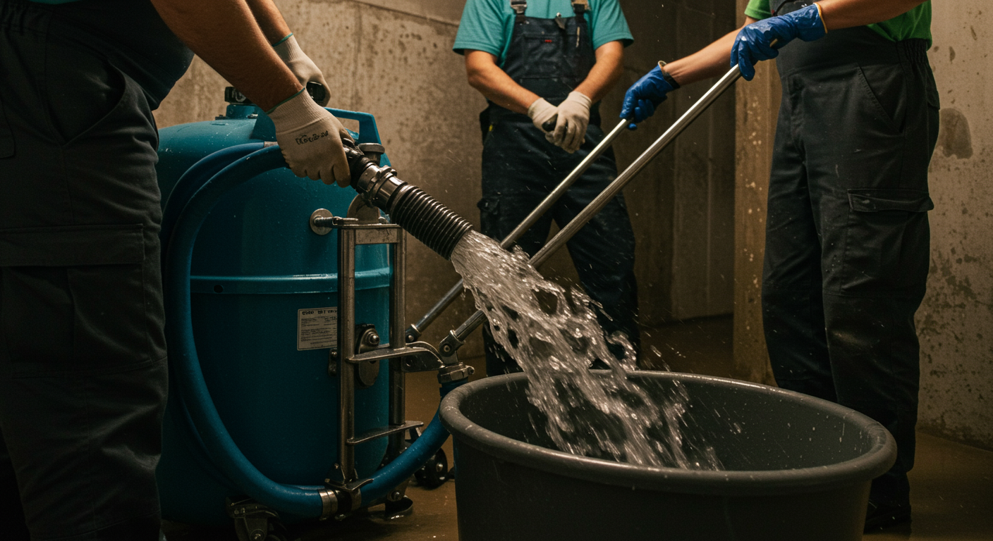 A close-up of a professional team using specialized equipment to extract water from a flooded basement. The focus is on the equipment and the teamwork involved, with water visibly being removed.