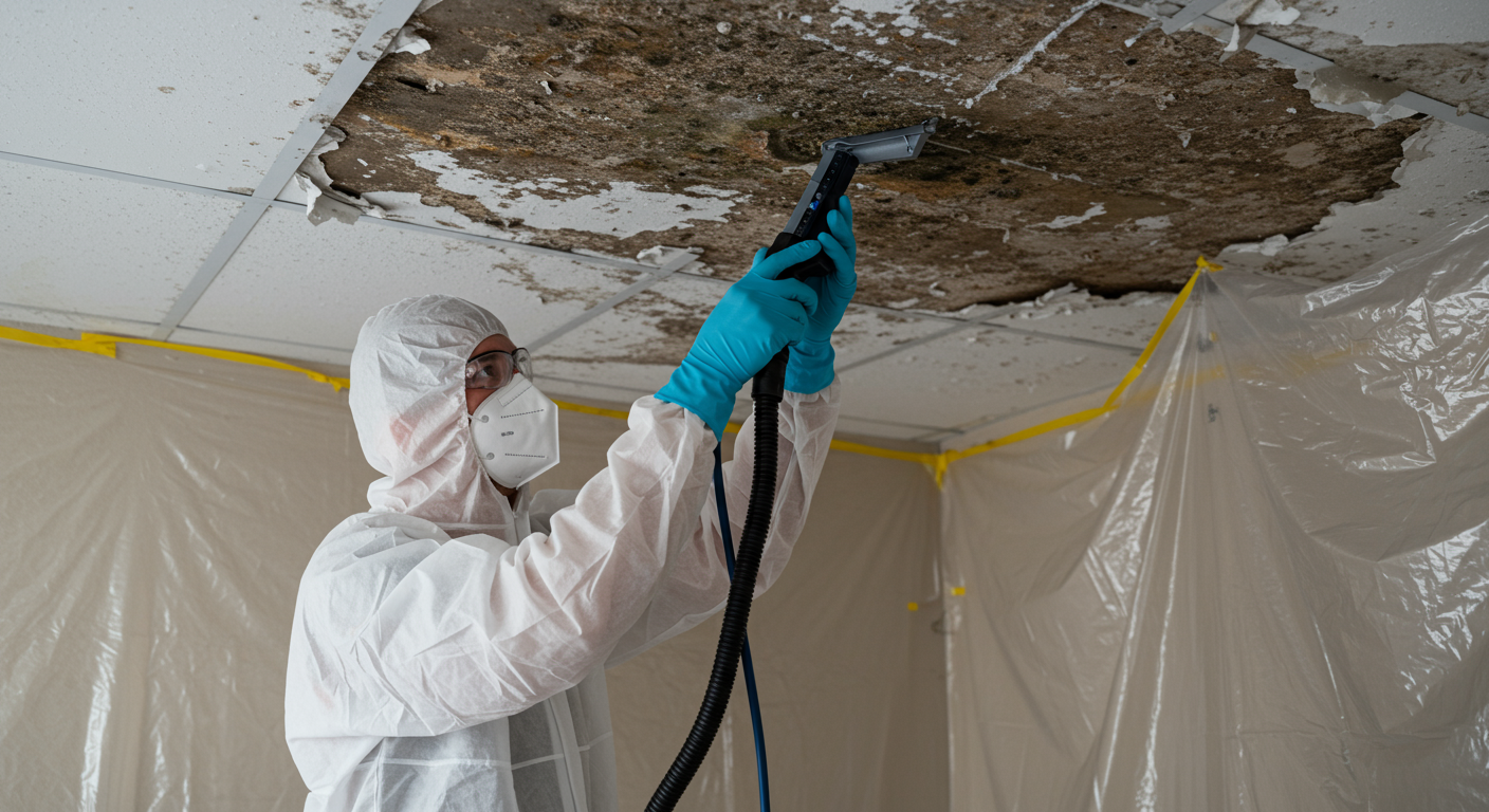 A professional mold remediation technician in protective gear, using specialized equipment to remove mold from a ceiling.