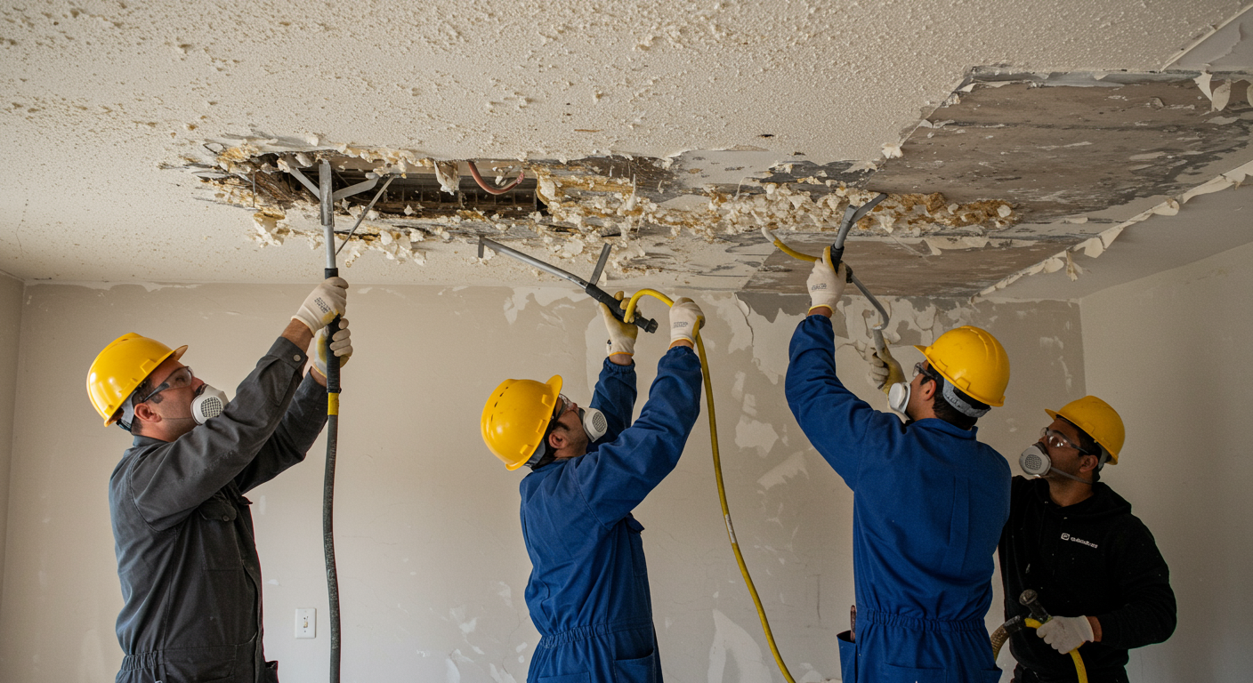 A team of professionals in protective gear actively removing a popcorn ceiling, showcasing teamwork and the importance of hiring experts for the job.