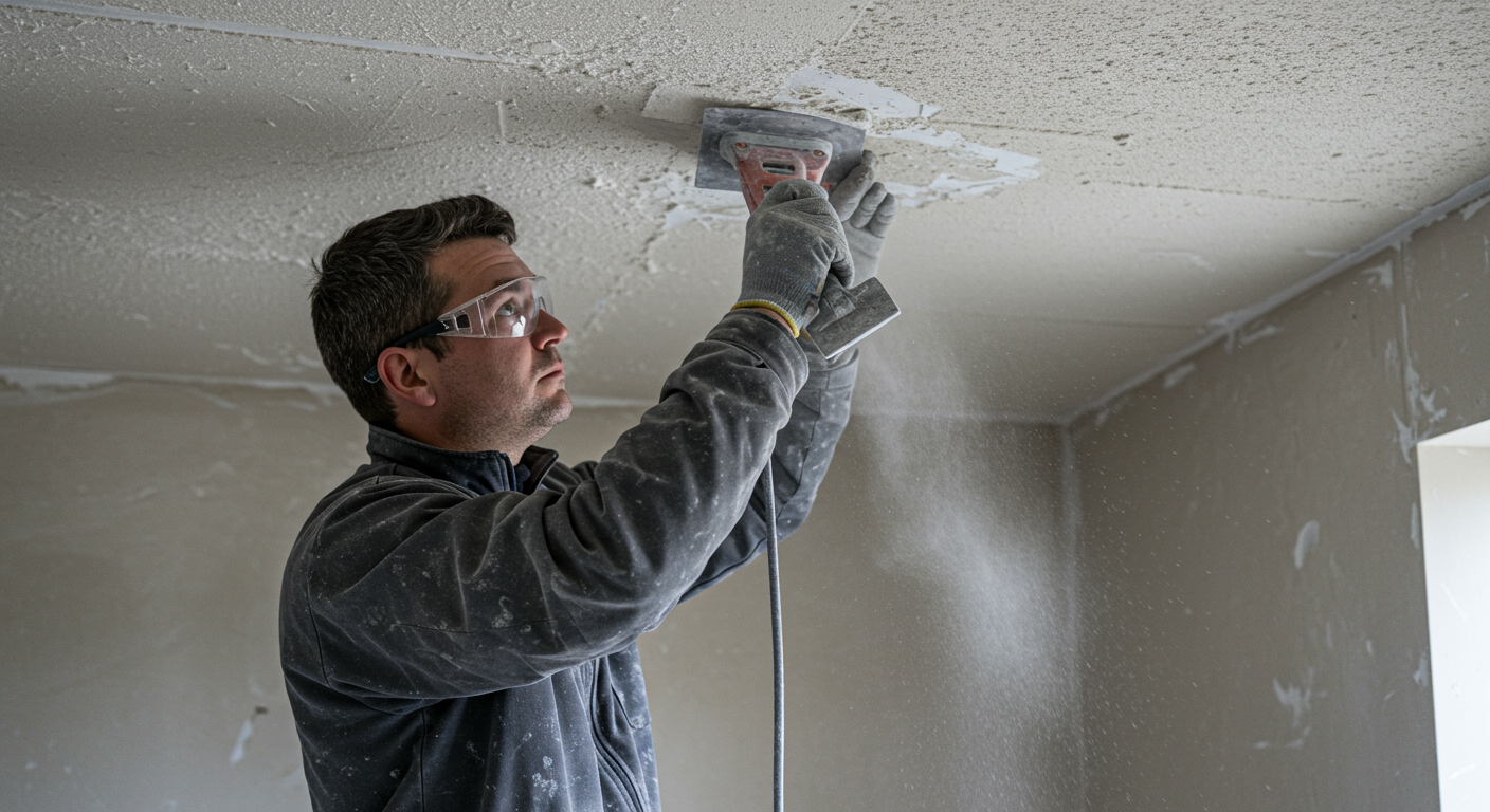 A professional technician carefully removing stucco from a ceiling using specialized tools.